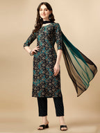 Printed Kurta With Pant & Dupatta Set, Multicolor - Hiral Fashion - Distacart