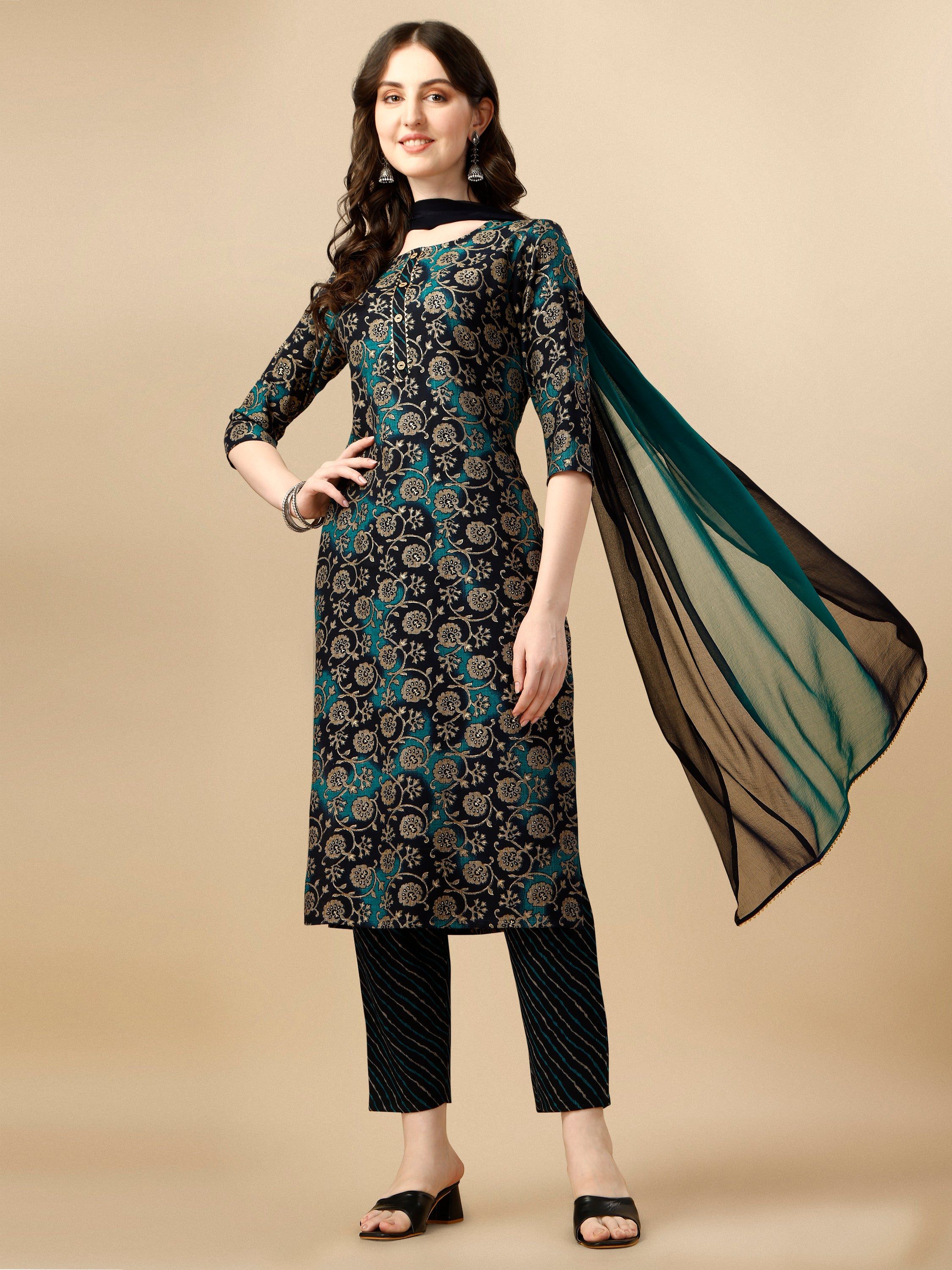 Printed Kurta With Pant & Dupatta Set, Multicolor - Hiral Fashion - Distacart