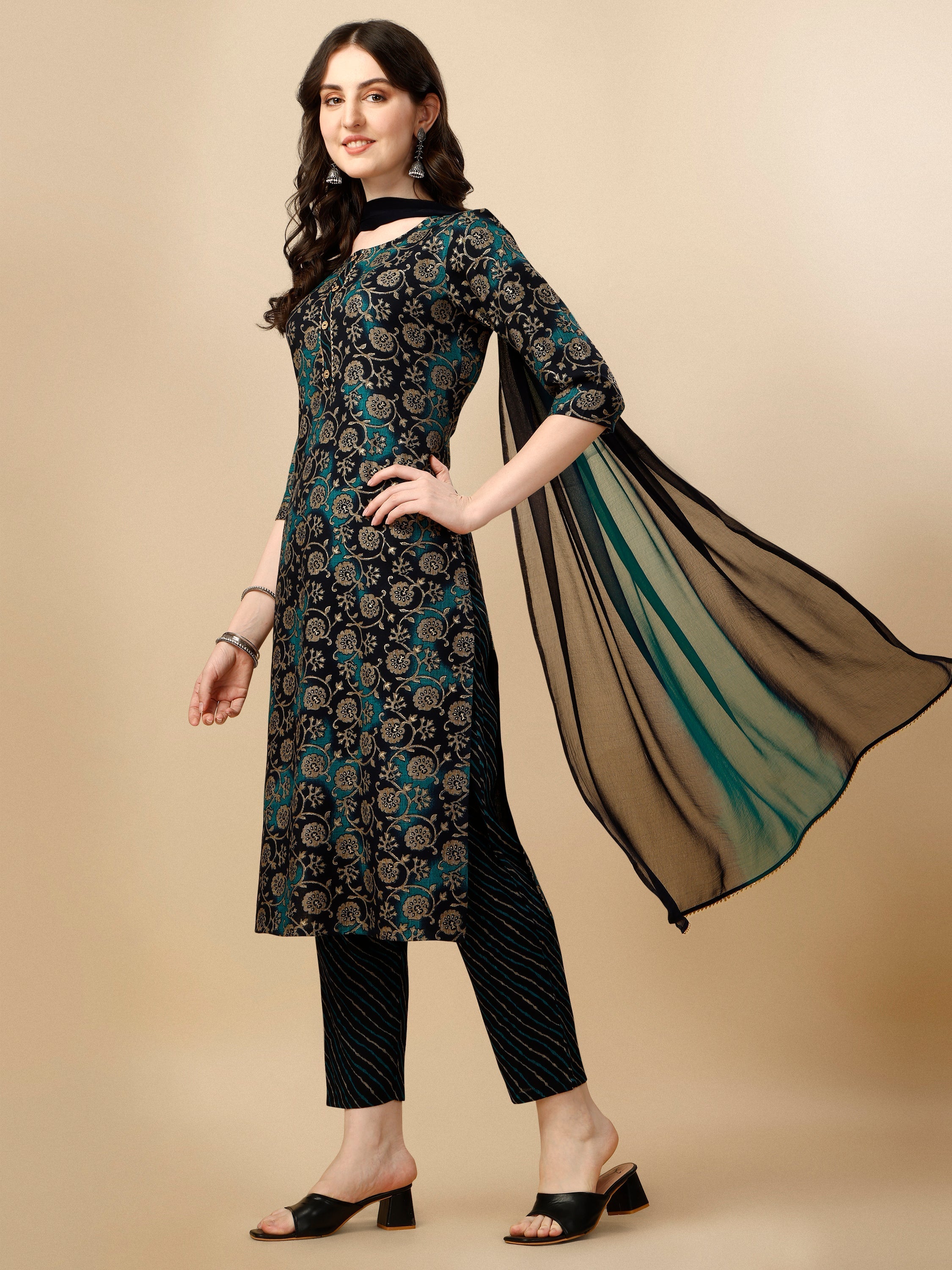 Printed Kurta With Pant & Dupatta Set, Multicolor - Hiral Fashion - Distacart