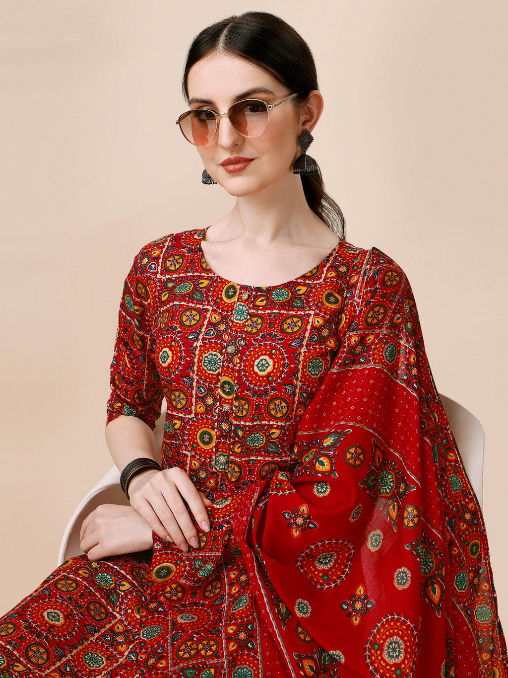 Cotton Printed Kurta With Pant & Dupatta Set, Multicolor - Hiral Fashion - Distacart