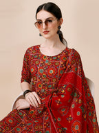 Cotton Printed Kurta With Pant & Dupatta Set, Multicolor - Hiral Fashion - Distacart