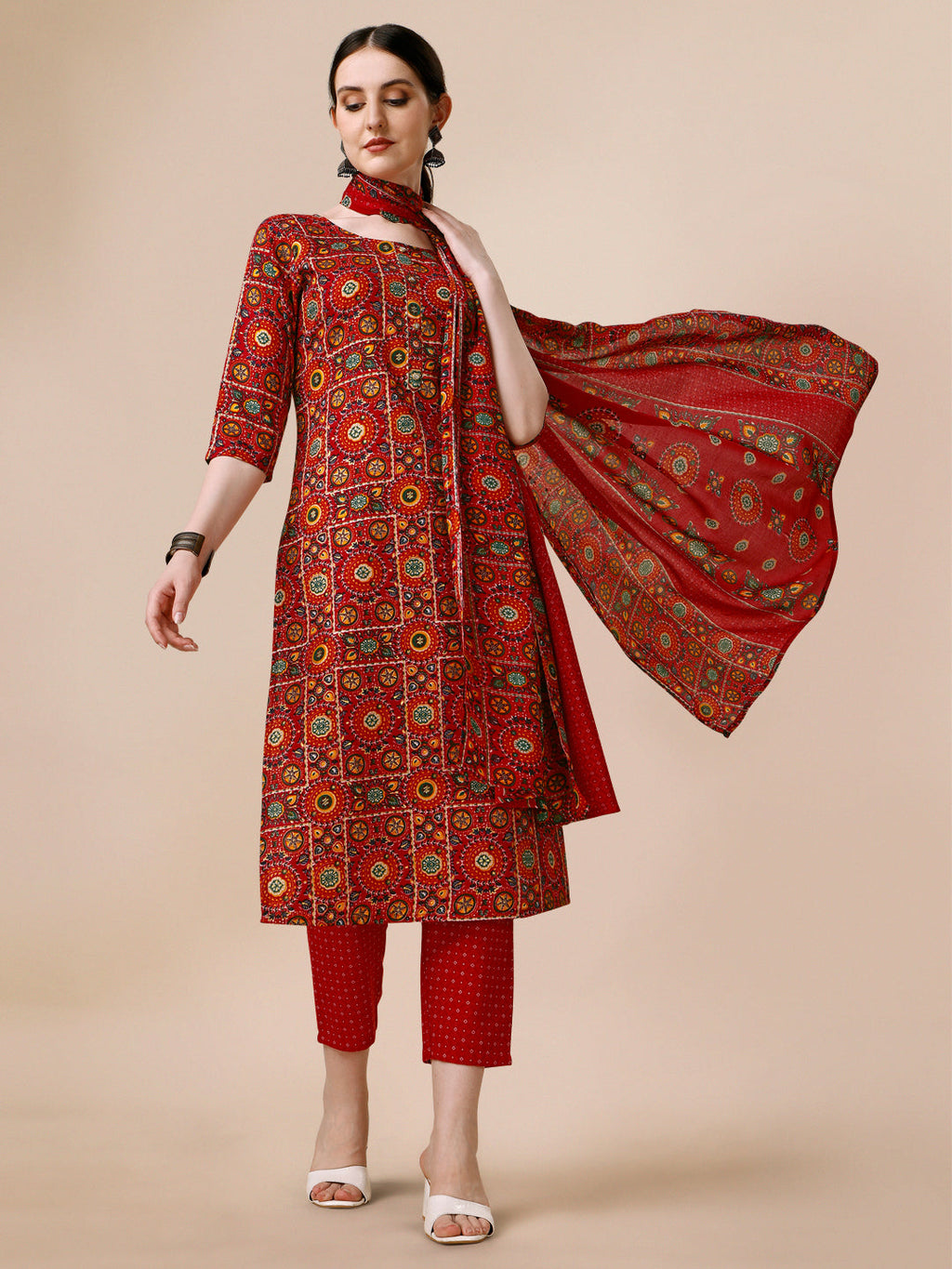 Cotton Printed Kurta With Pant & Dupatta Set, Multicolor - Hiral Fashion - Distacart
