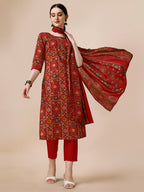 Cotton Printed Kurta With Pant & Dupatta Set, Multicolor - Hiral Fashion - Distacart
