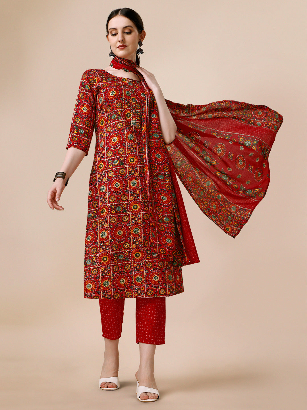 Cotton Printed Kurta With Pant & Dupatta Set, Multicolor - Hiral Fashion - Distacart