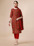 Cotton Printed Kurta With Pant & Dupatta Set, Multicolor - Hiral Fashion - Distacart