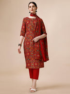 Cotton Printed Kurta With Pant & Dupatta Set, Multicolor - Hiral Fashion - Distacart
