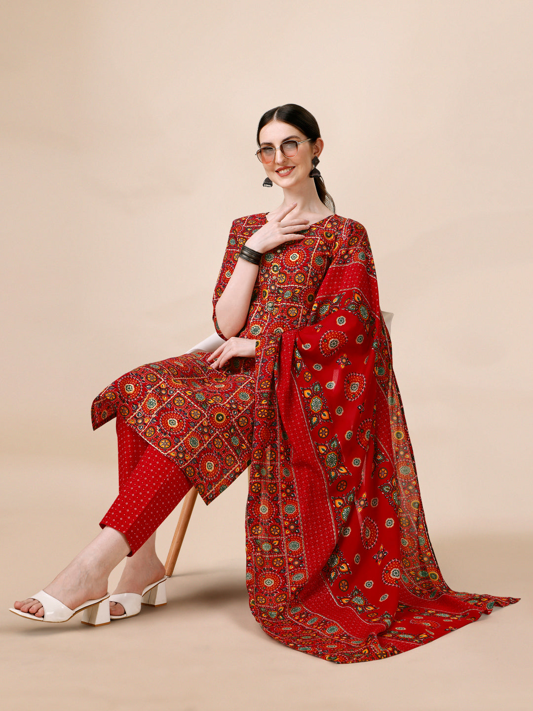 Cotton Printed Kurta With Pant & Dupatta Set, Multicolor - Hiral Fashion - Distacart