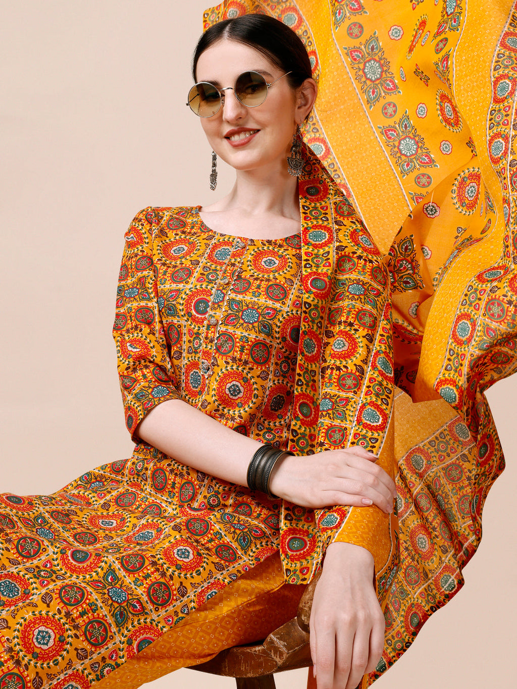 Cotton Printed Kurta With Pant & Dupatta Set, Multicolor - Hiral Fashion - Distacart