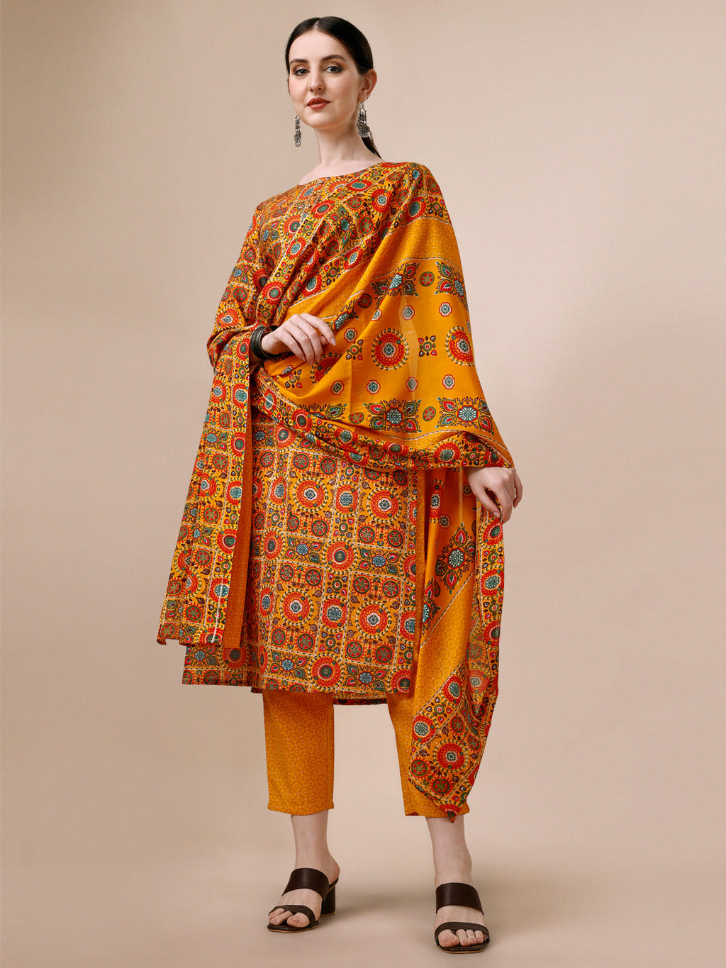 Cotton Printed Kurta With Pant & Dupatta Set, Multicolor - Hiral Fashion - Distacart
