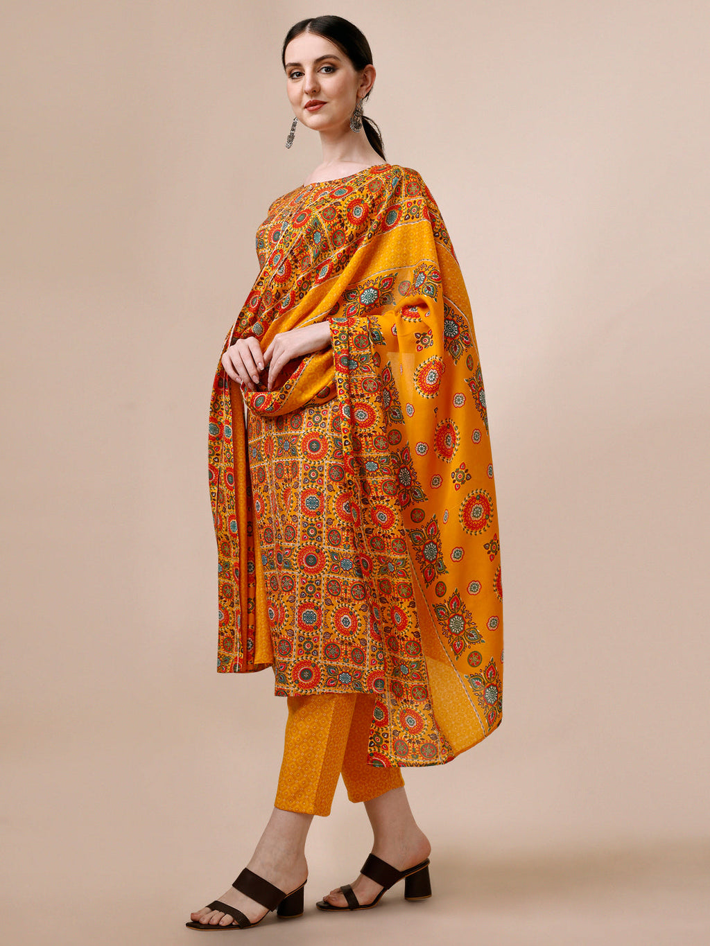 Cotton Printed Kurta With Pant & Dupatta Set, Multicolor - Hiral Fashion - Distacart