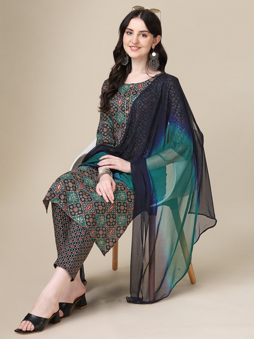 Printed Kurta With Pant & Dupatta Set, Multicolor - Hiral Fashion - Distacart