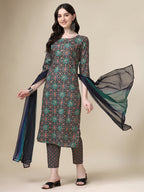 Printed Kurta With Pant & Dupatta Set, Multicolor - Hiral Fashion - Distacart