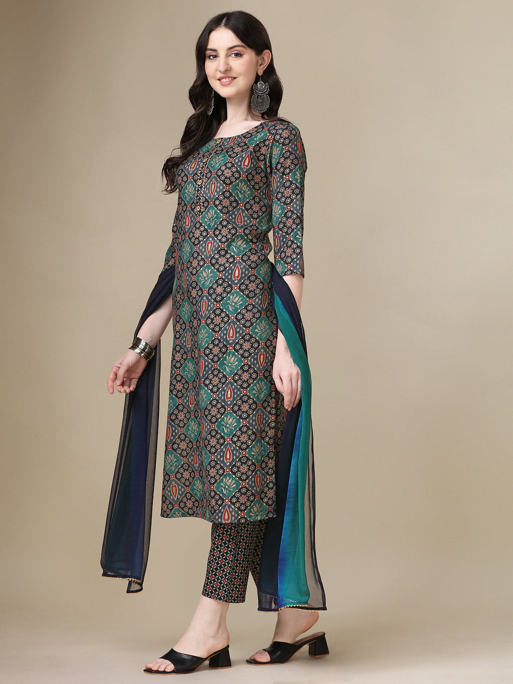 Printed Kurta With Pant & Dupatta Set, Multicolor - Hiral Fashion - Distacart