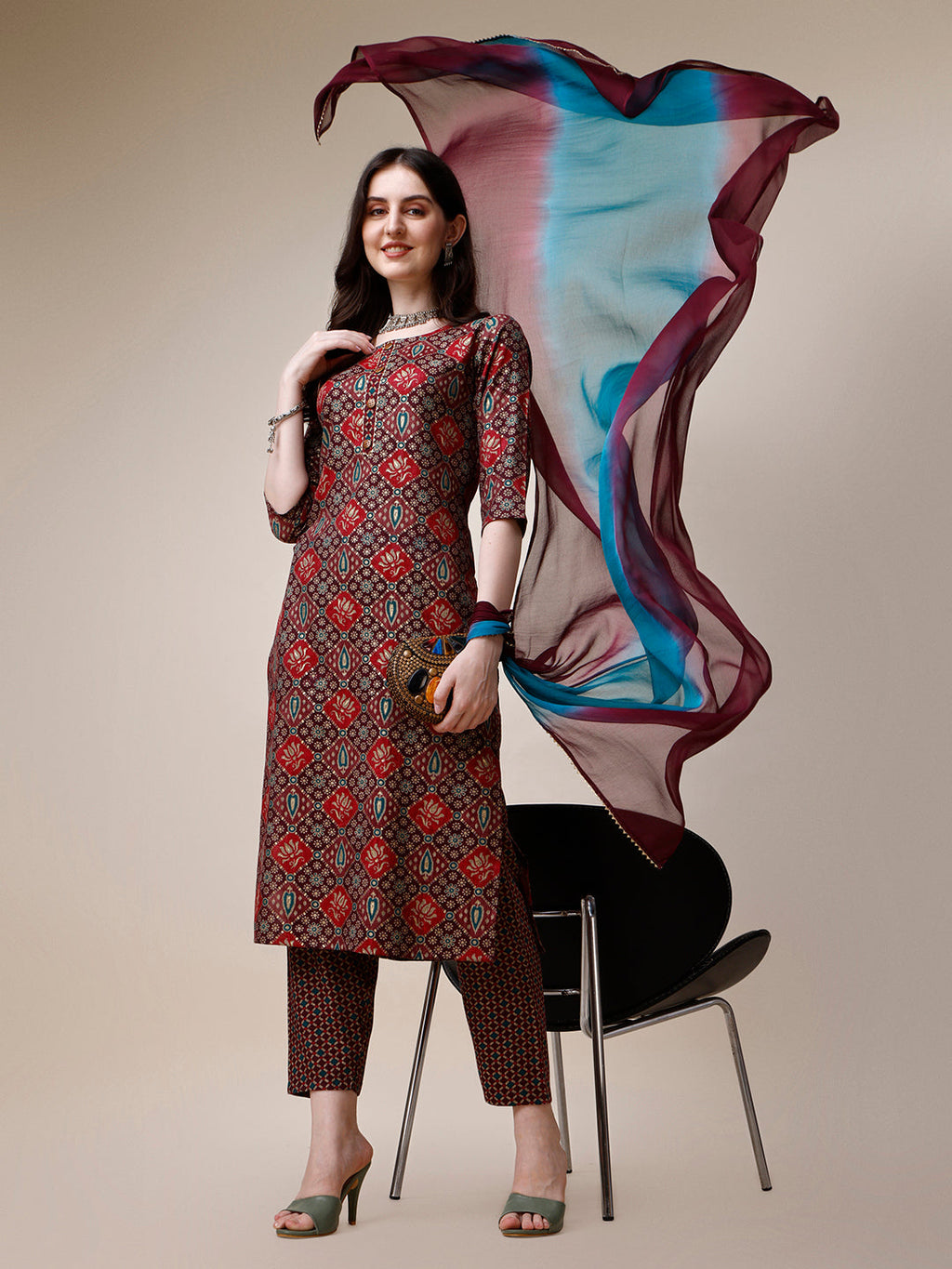 Printed Kurta With Pant & Dupatta Set, Multicolor - Hiral Fashion - Distacart