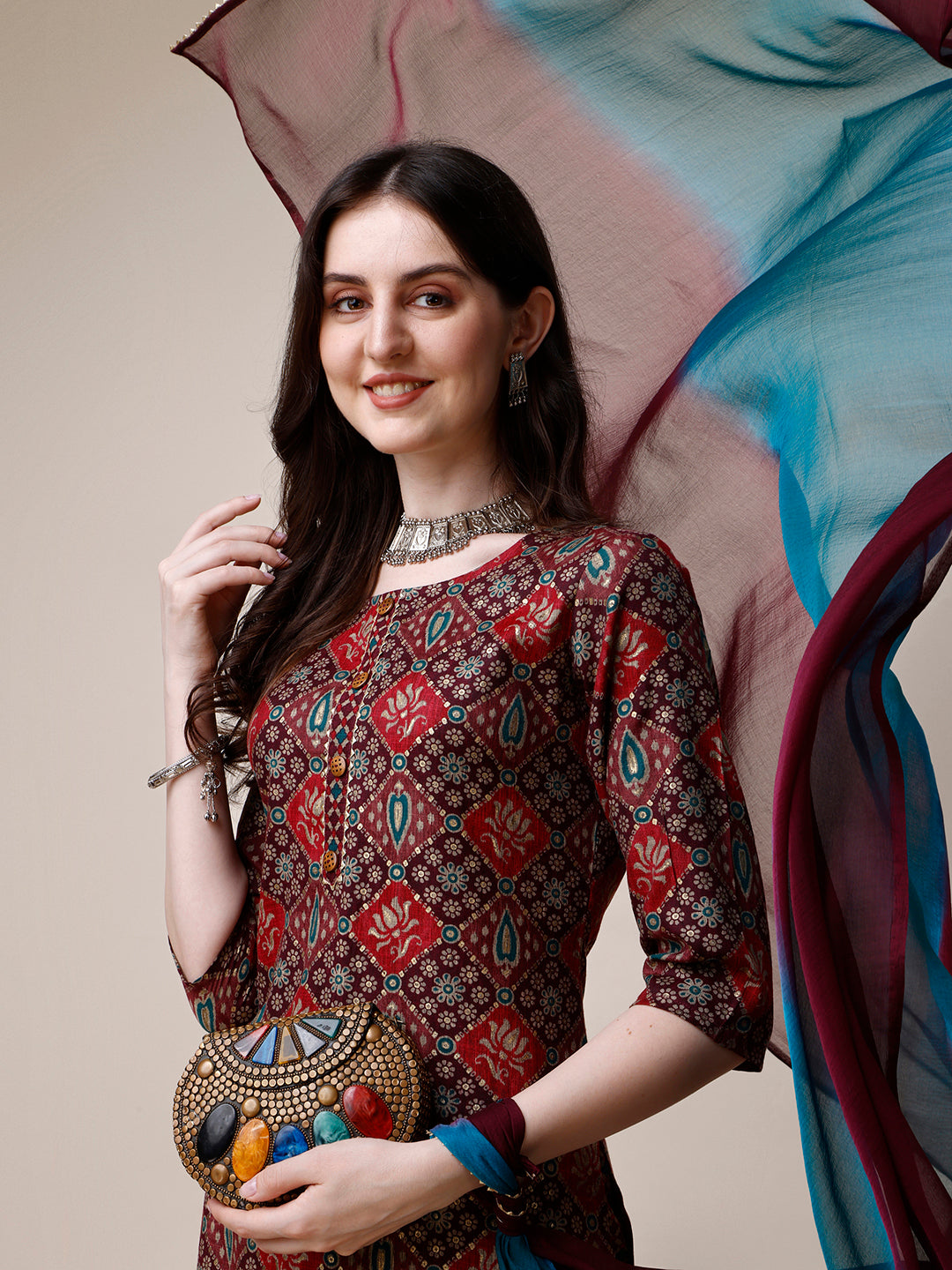 Printed Kurta With Pant & Dupatta Set, Multicolor - Hiral Fashion - Distacart