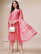 Printed A-Line Kurta With Pant And Dupatta Set, Multicolor - Hiral Fashion - Distacart