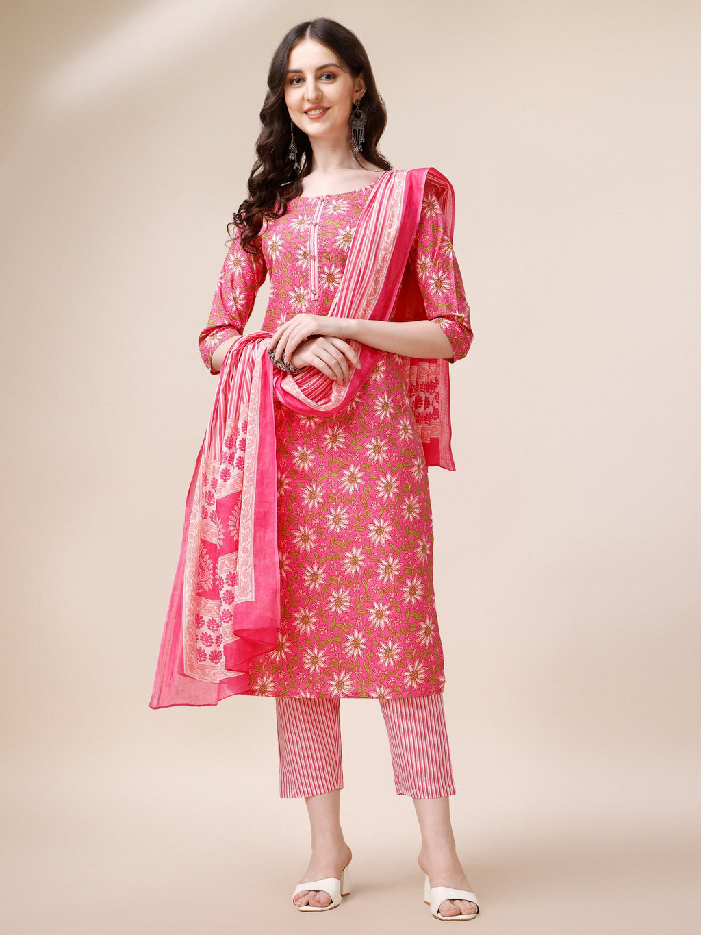 Printed A-Line Kurta With Pant And Dupatta Set, Multicolor - Hiral Fashion - Distacart