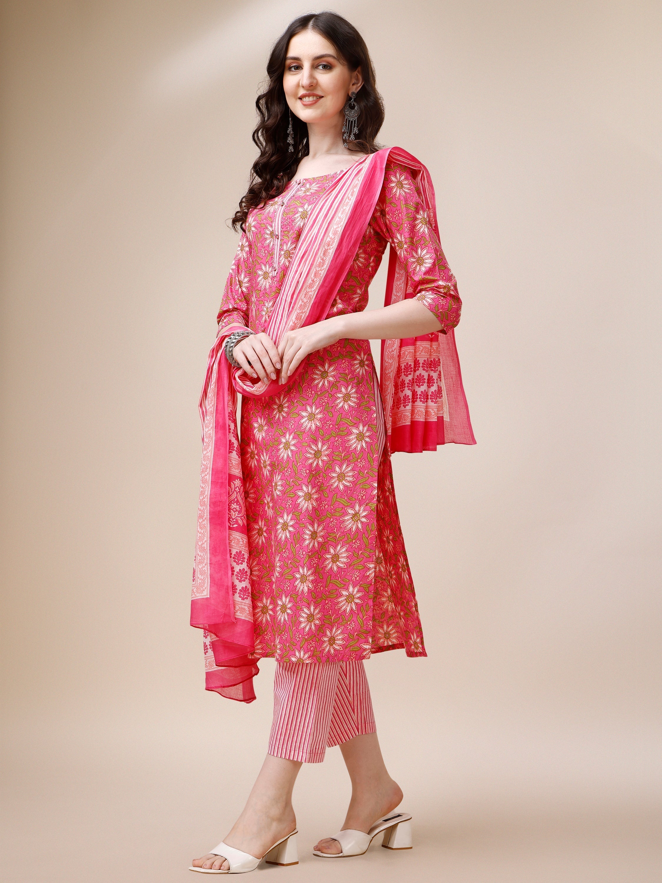 Printed A-Line Kurta With Pant And Dupatta Set, Multicolor - Hiral Fashion - Distacart