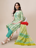 Block Printed Cotton Kurta With Pant And Dupatta Set, Multicolor - Hiral Fashion - Distacart