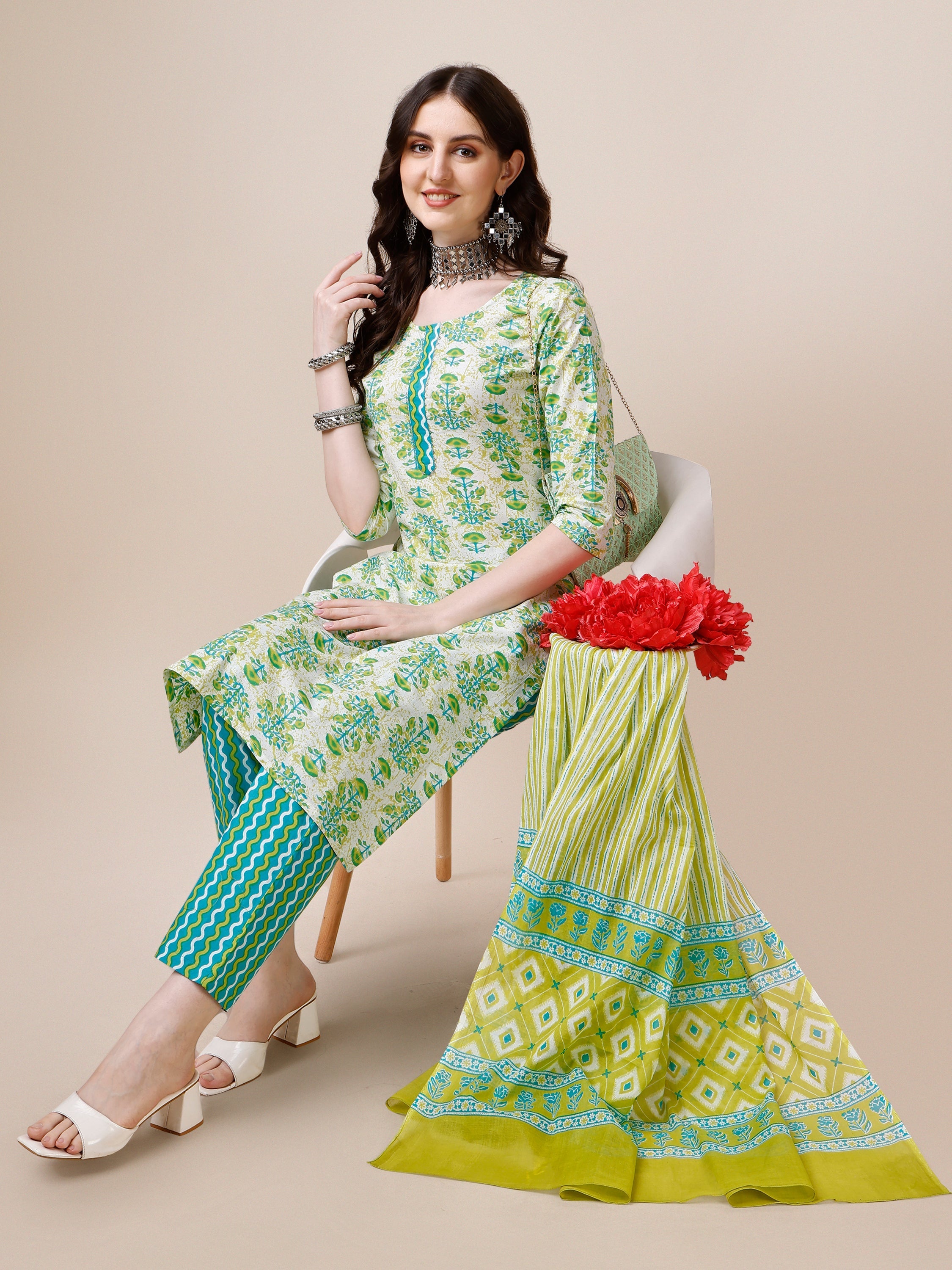 Block Printed Cotton Kurta With Pant And Dupatta Set, Multicolor - Hiral Fashion - Distacart