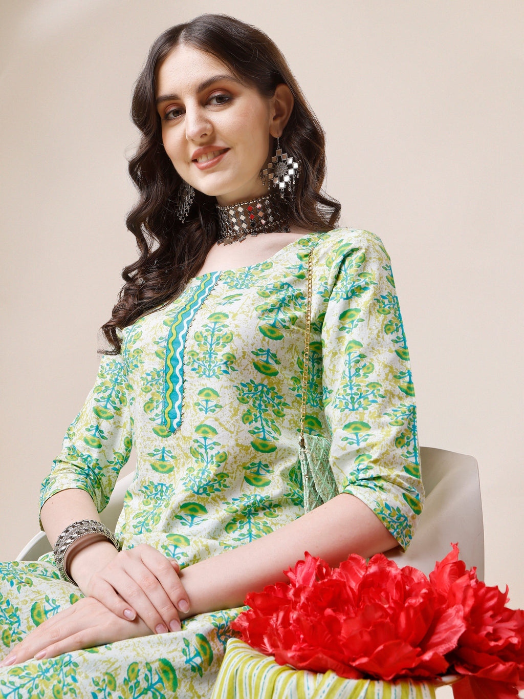 Block Printed Cotton Kurta With Pant And Dupatta Set, Multicolor - Hiral Fashion - Distacart