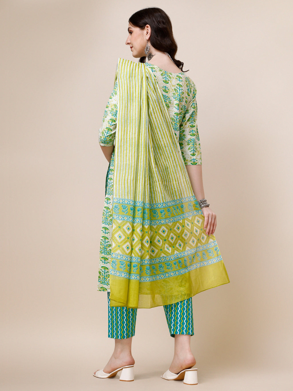 Block Printed Cotton Kurta With Pant And Dupatta Set, Multicolor - Hiral Fashion - Distacart