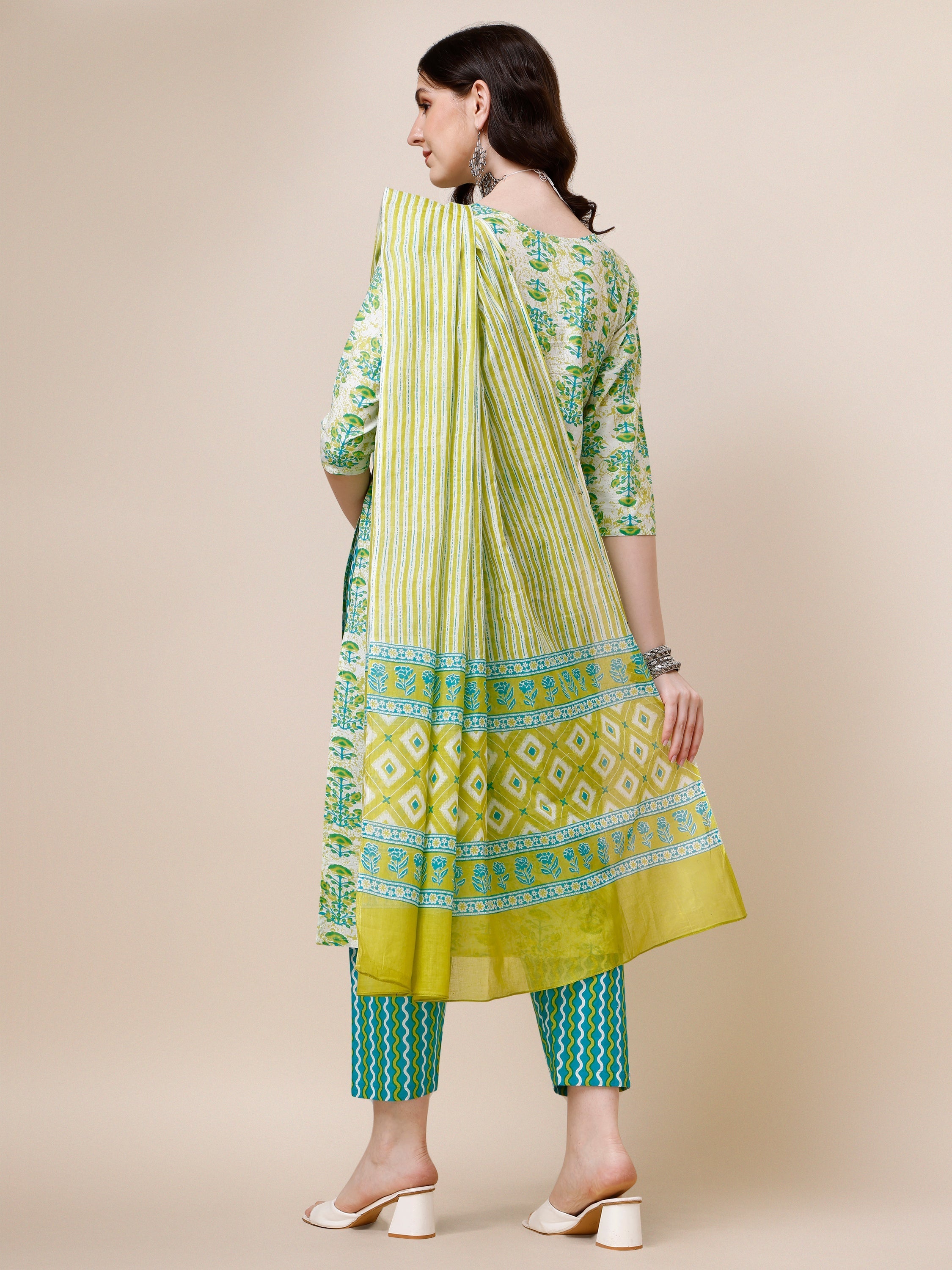 Block Printed Cotton Kurta With Pant And Dupatta Set, Multicolor - Hiral Fashion - Distacart