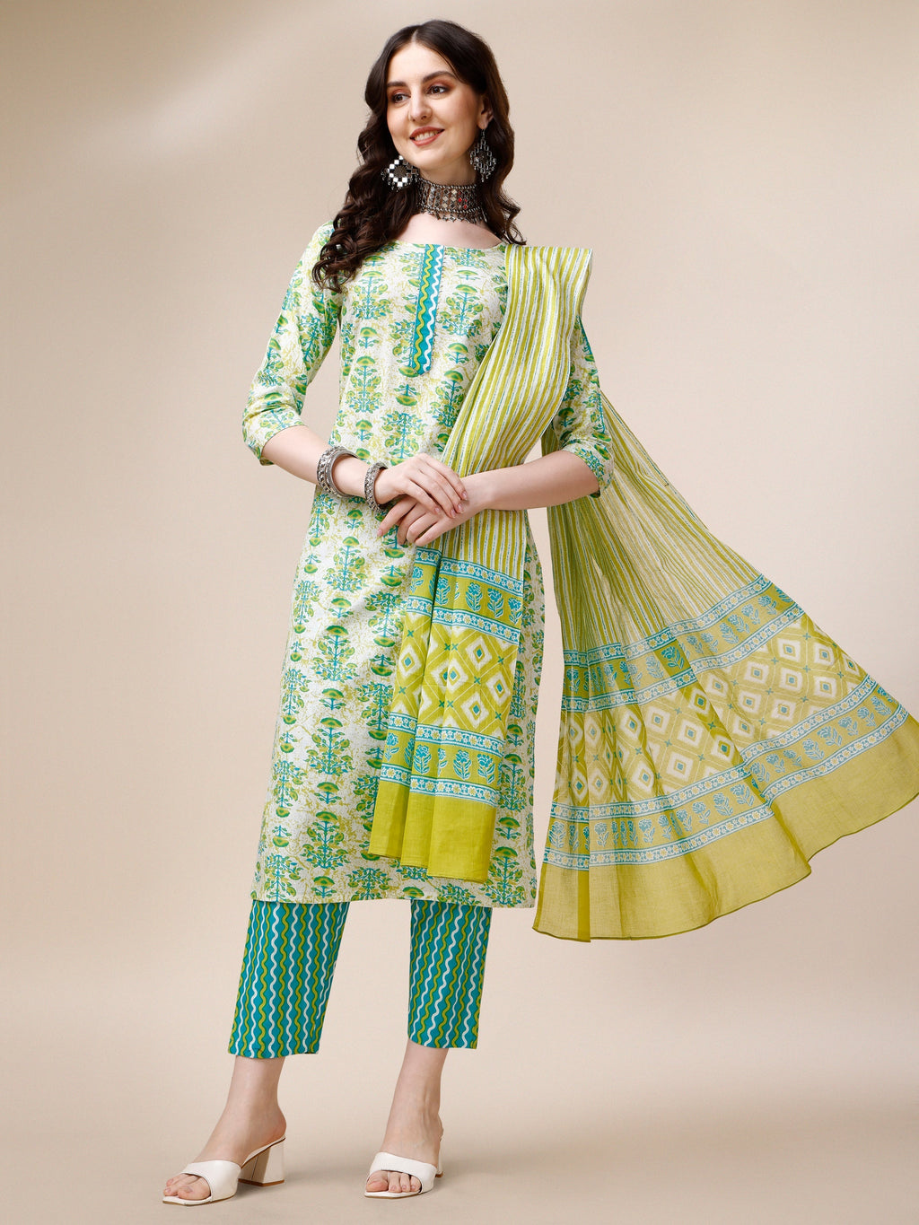 Block Printed Cotton Kurta With Pant And Dupatta Set, Multicolor - Hiral Fashion - Distacart
