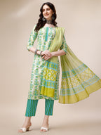 Block Printed Cotton Kurta With Pant And Dupatta Set, Multicolor - Hiral Fashion - Distacart