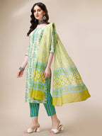Block Printed Cotton Kurta With Pant And Dupatta Set, Multicolor - Hiral Fashion - Distacart