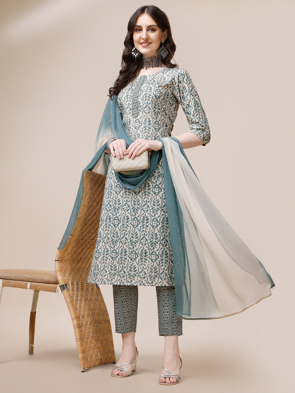 Printed Kurta With Pant And Dupatta Set, Multicolor - Hiral Fashion - Distacart