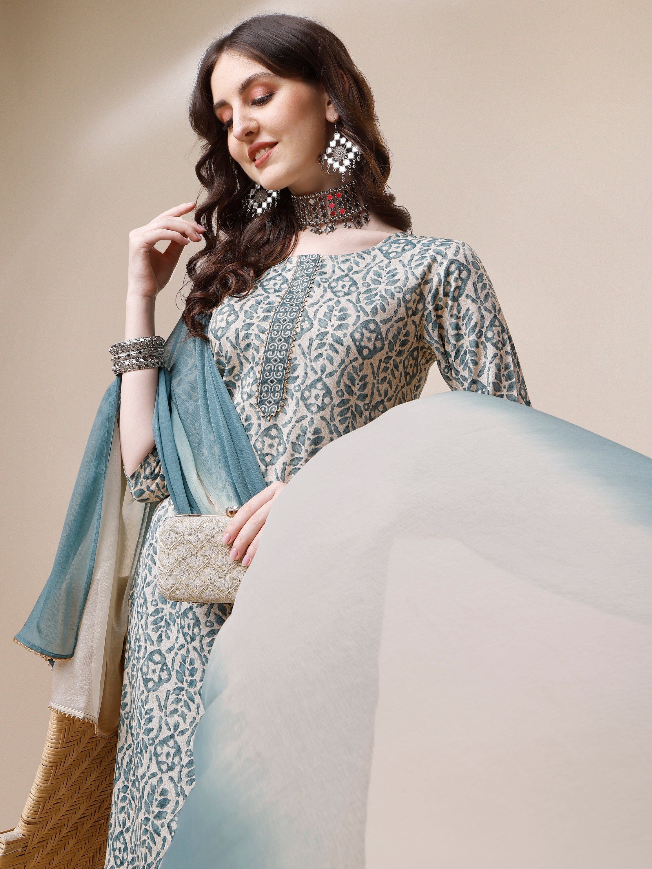 Printed Kurta With Pant And Dupatta Set, Multicolor - Hiral Fashion - Distacart