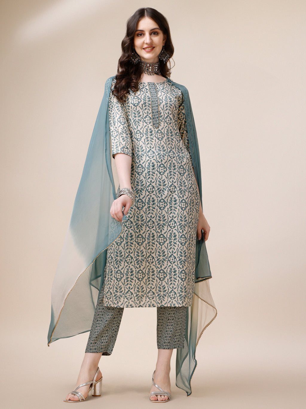 Printed Kurta With Pant And Dupatta Set, Multicolor - Hiral Fashion - Distacart