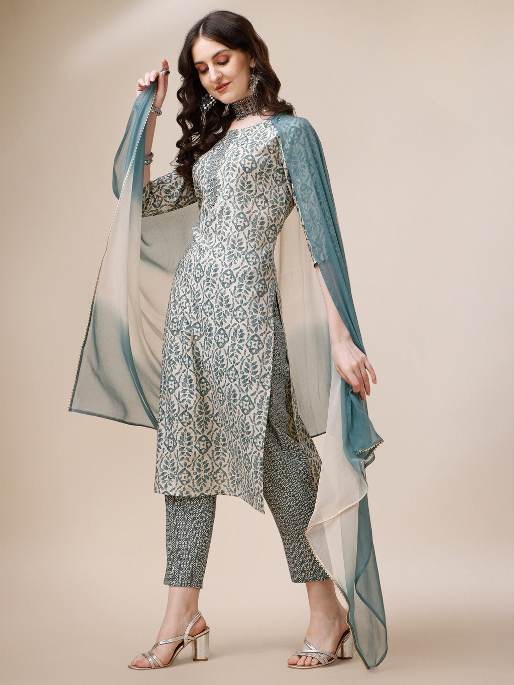 Printed Kurta With Pant And Dupatta Set, Multicolor - Hiral Fashion - Distacart