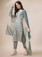 Printed Kurta With Pant And Dupatta Set, Multicolor - Hiral Fashion - Distacart