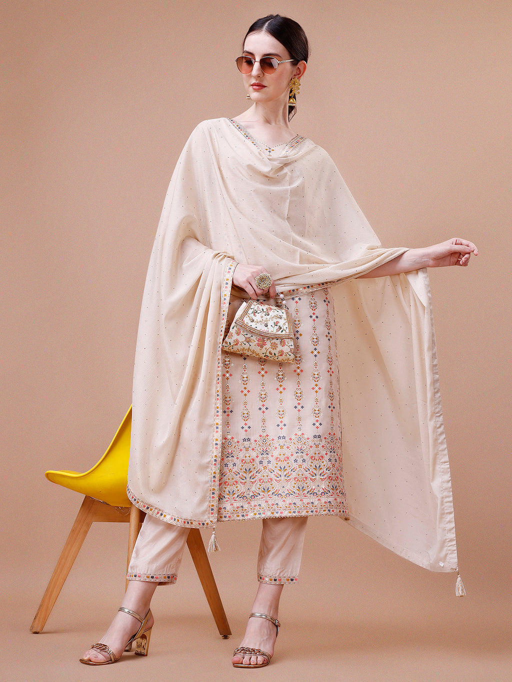 Pure Muslin Banarasi Jacquard Kurta Trousers & Dupatta, Multicolor - Hiral Fashion - Distacart