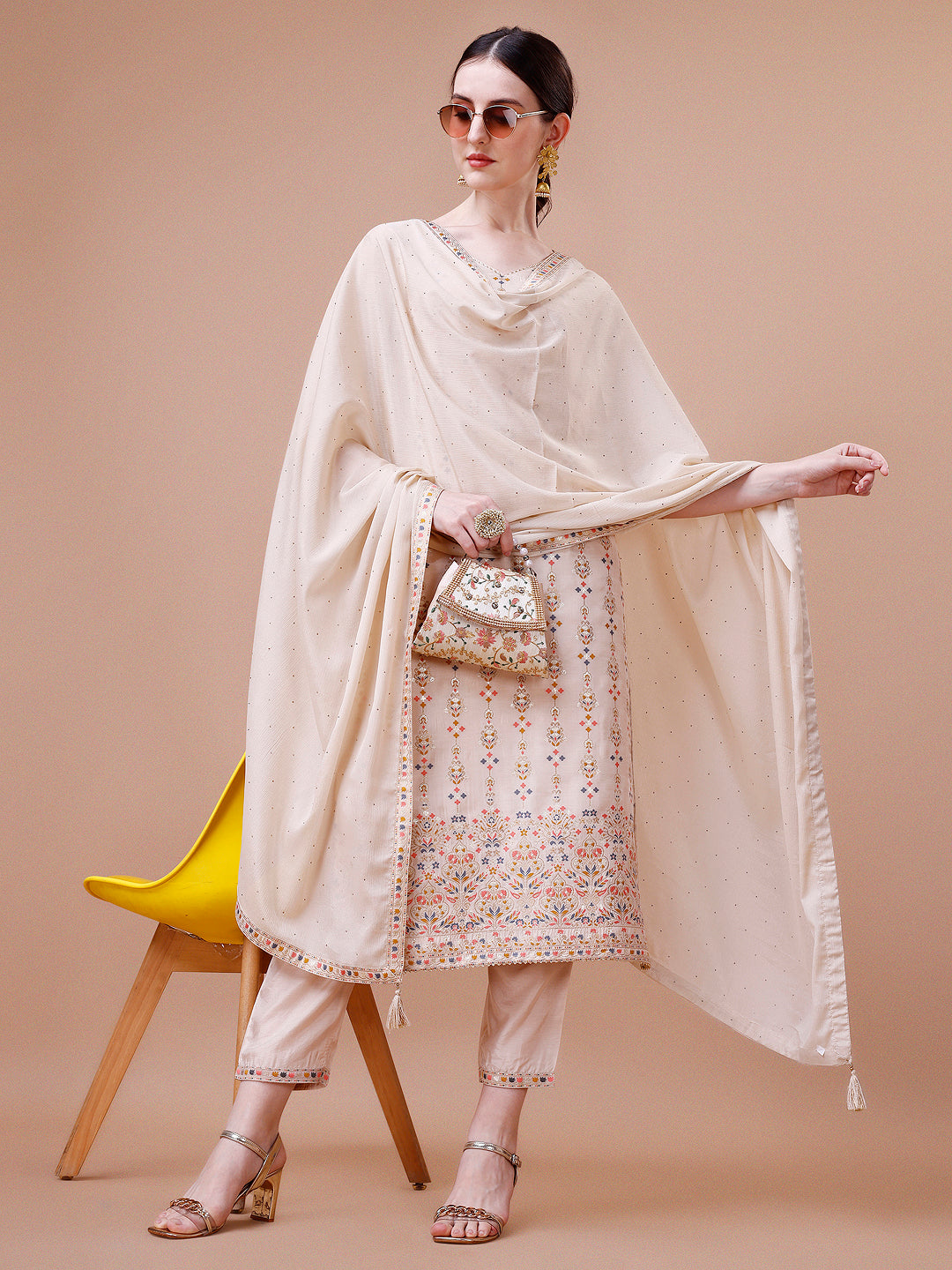 Pure Muslin Banarasi Jacquard Kurta Trousers & Dupatta, Multicolor - Hiral Fashion - Distacart