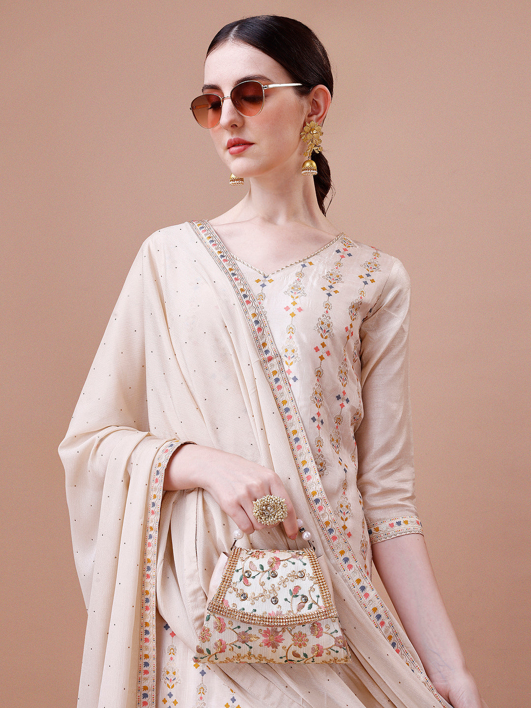Pure Muslin Banarasi Jacquard Kurta Trousers & Dupatta, Multicolor - Hiral Fashion - Distacart