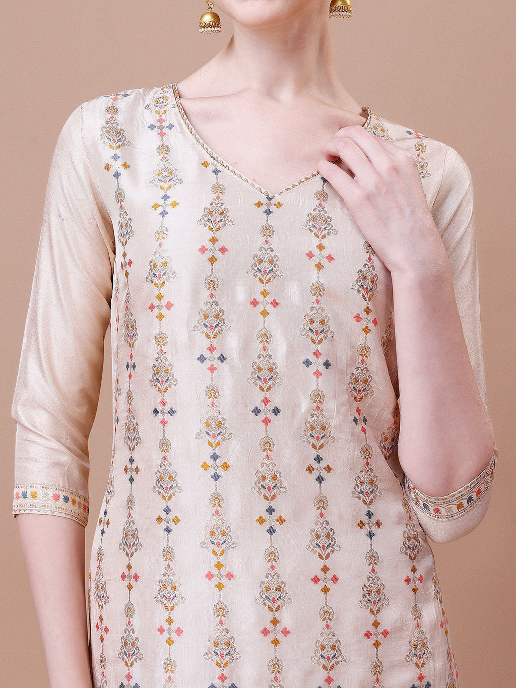 Pure Muslin Banarasi Jacquard Kurta Trousers & Dupatta, Multicolor - Hiral Fashion - Distacart