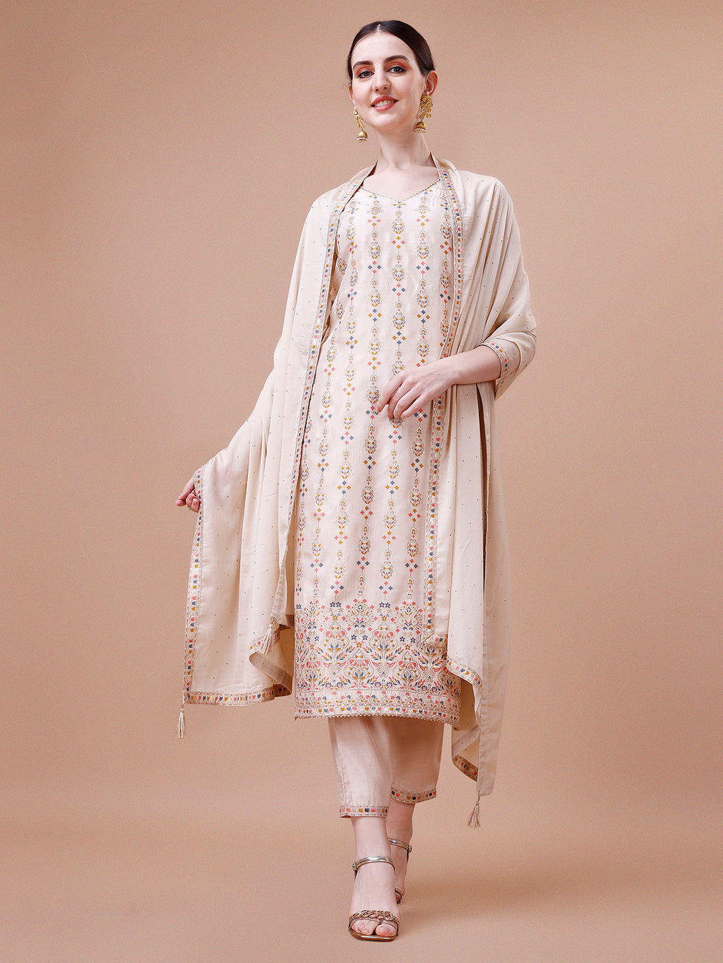 Pure Muslin Banarasi Jacquard Kurta Trousers & Dupatta, Multicolor - Hiral Fashion - Distacart