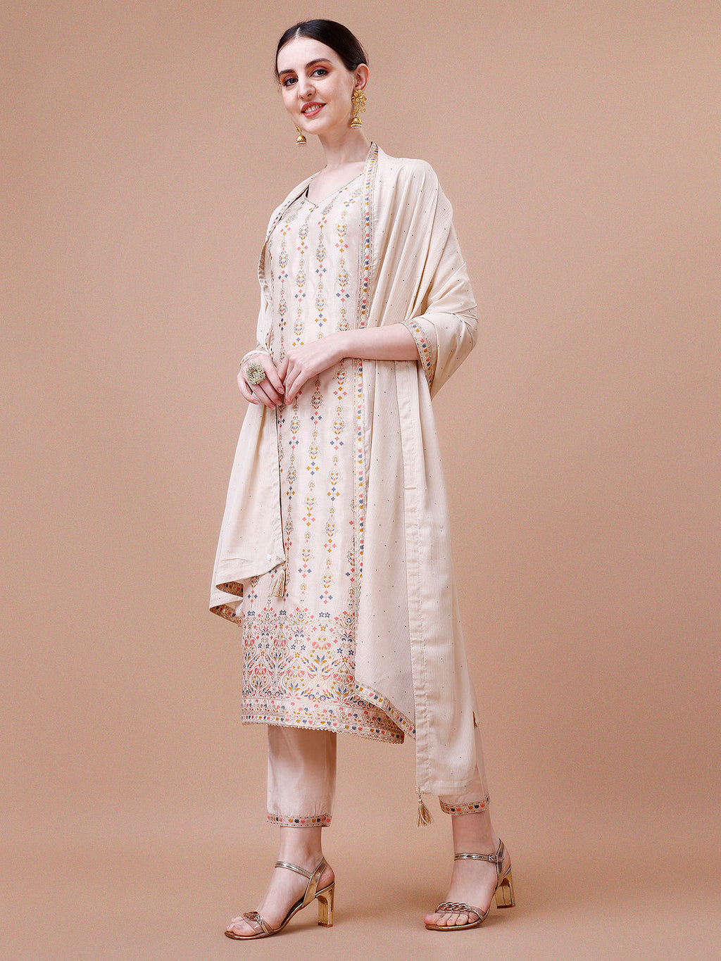 Pure Muslin Banarasi Jacquard Kurta Trousers & Dupatta, Multicolor - Hiral Fashion - Distacart
