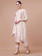 Pure Muslin Banarasi Jacquard Kurta Trousers & Dupatta, Multicolor - Hiral Fashion - Distacart