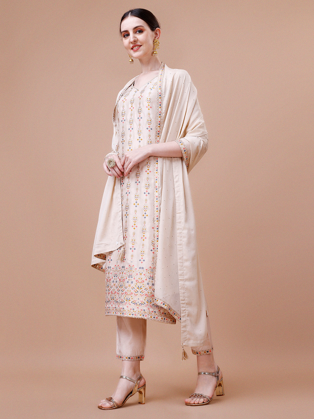 Pure Muslin Banarasi Jacquard Kurta Trousers & Dupatta, Multicolor - Hiral Fashion - Distacart