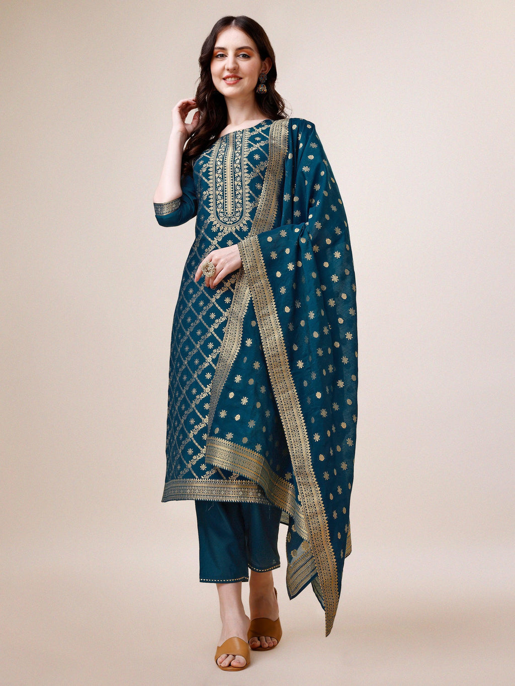 Pure Maslin Jacquard Kurta With Pant And Dupatta Set, Multicolor - Hiral Fashion - Distacart