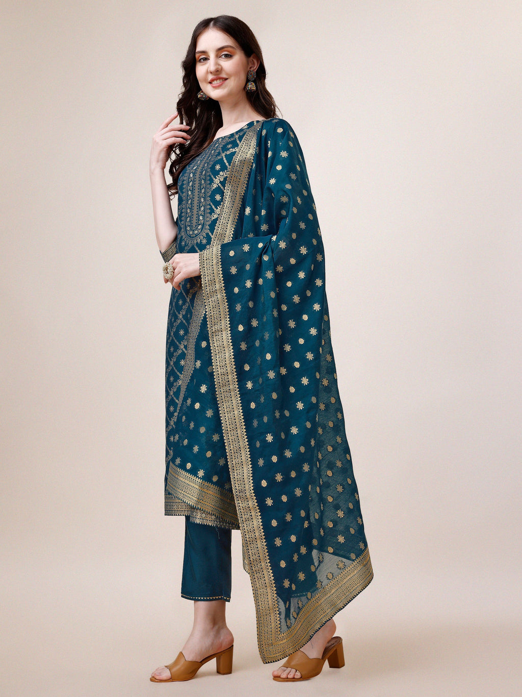 Pure Maslin Jacquard Kurta With Pant And Dupatta Set, Multicolor - Hiral Fashion - Distacart