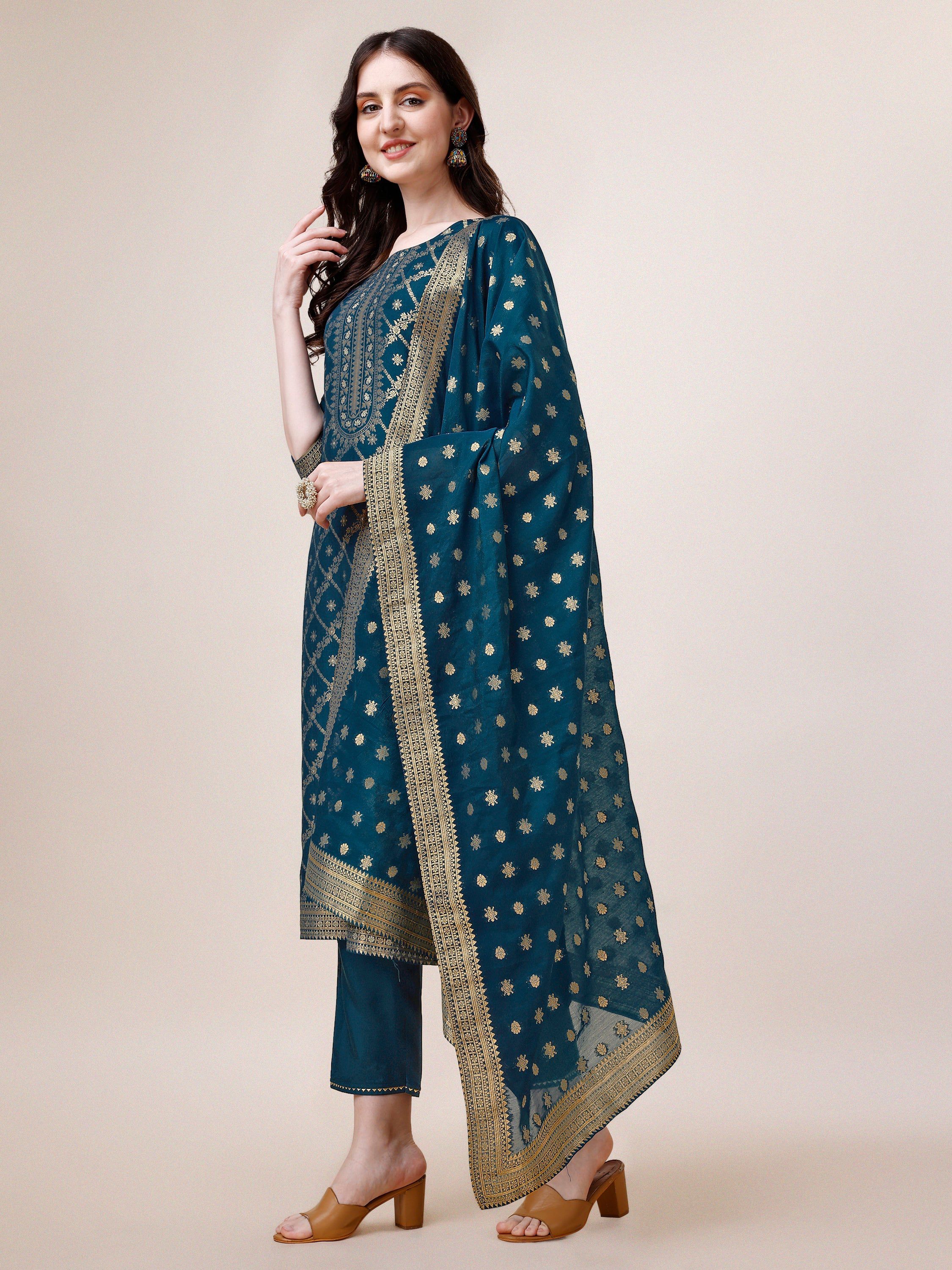 Pure Maslin Jacquard Kurta With Pant And Dupatta Set, Multicolor - Hiral Fashion - Distacart