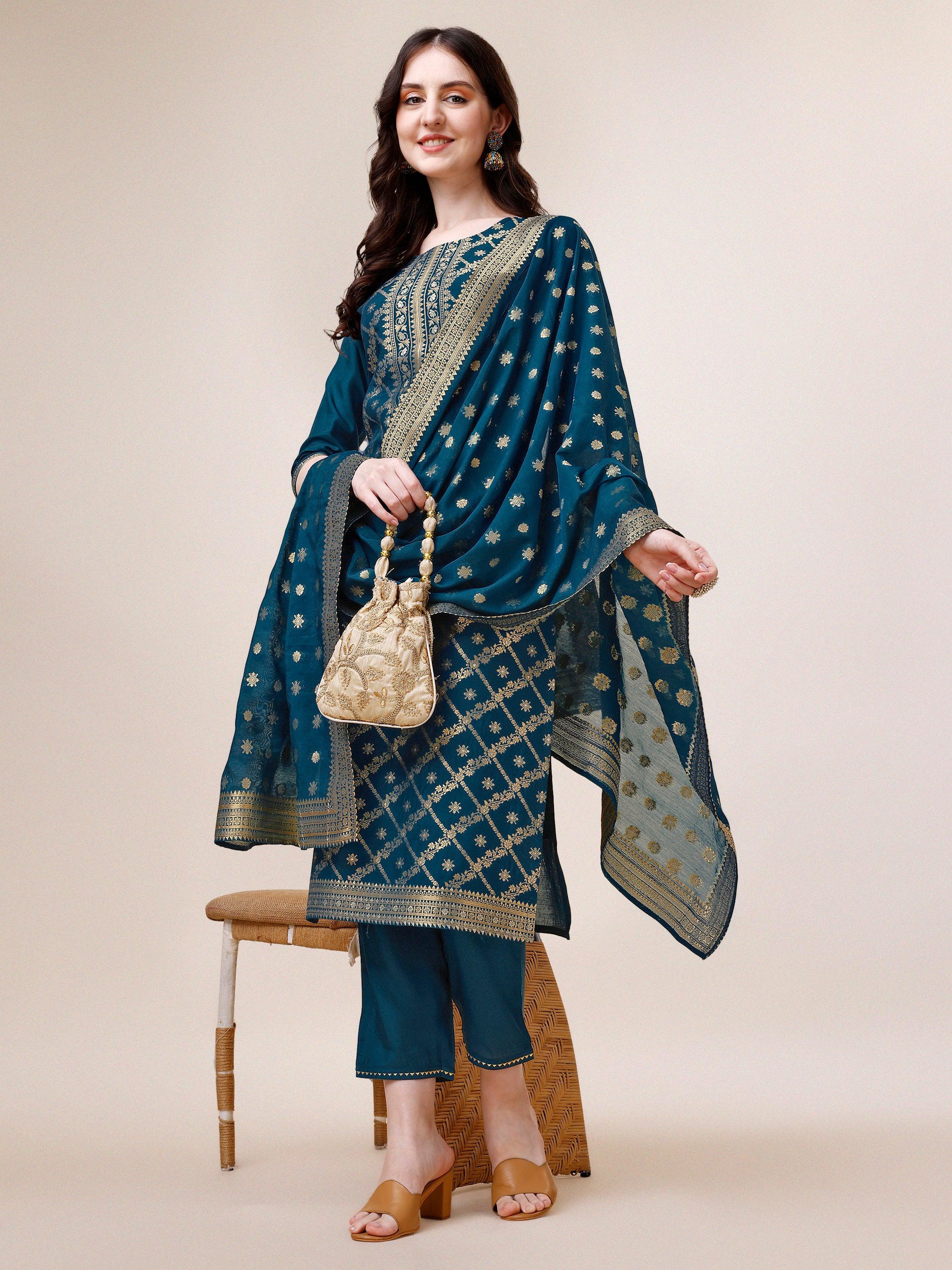 Pure Maslin Jacquard Kurta With Pant And Dupatta Set, Multicolor - Hiral Fashion - Distacart