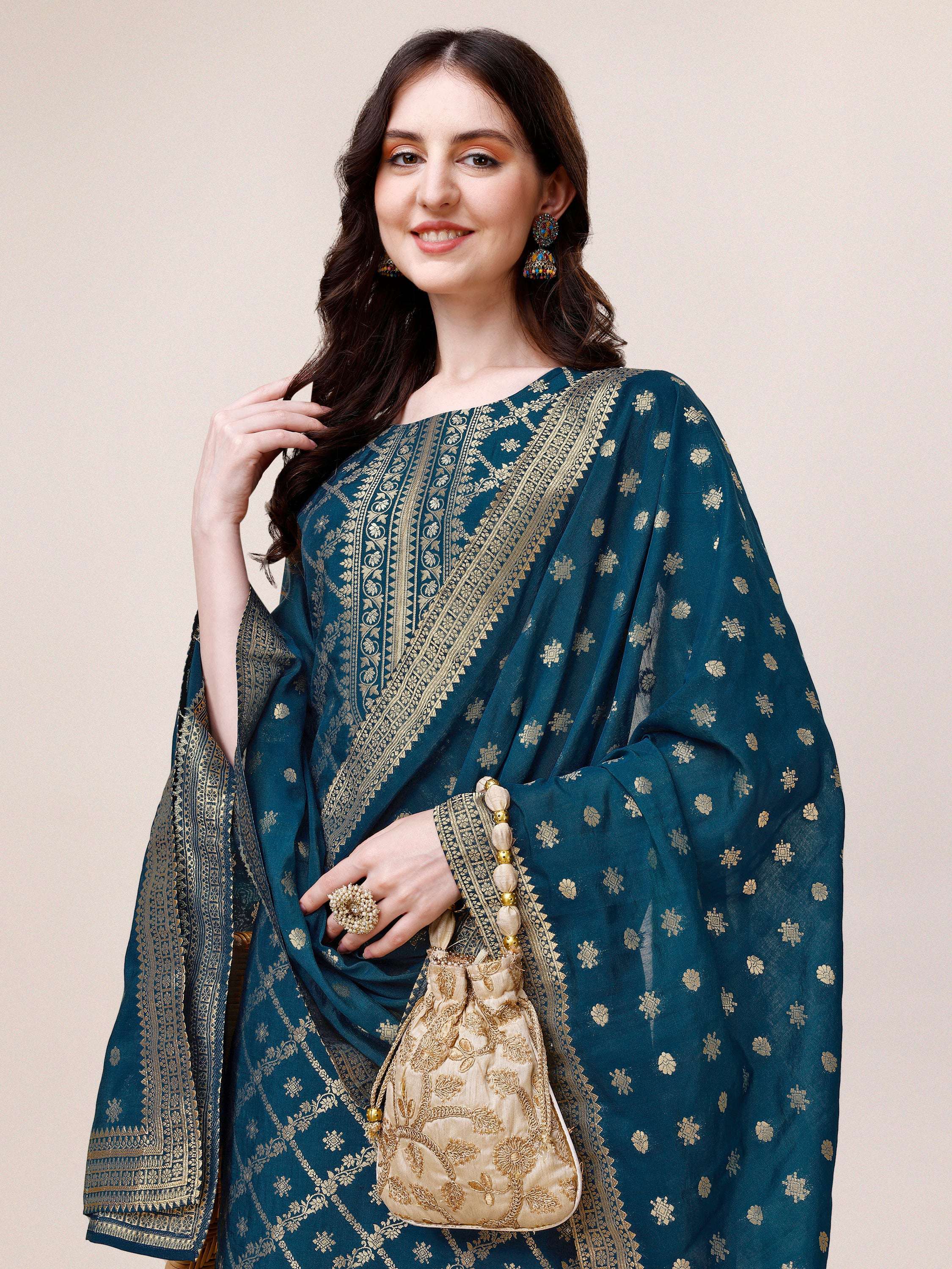Pure Maslin Jacquard Kurta With Pant And Dupatta Set, Multicolor - Hiral Fashion - Distacart