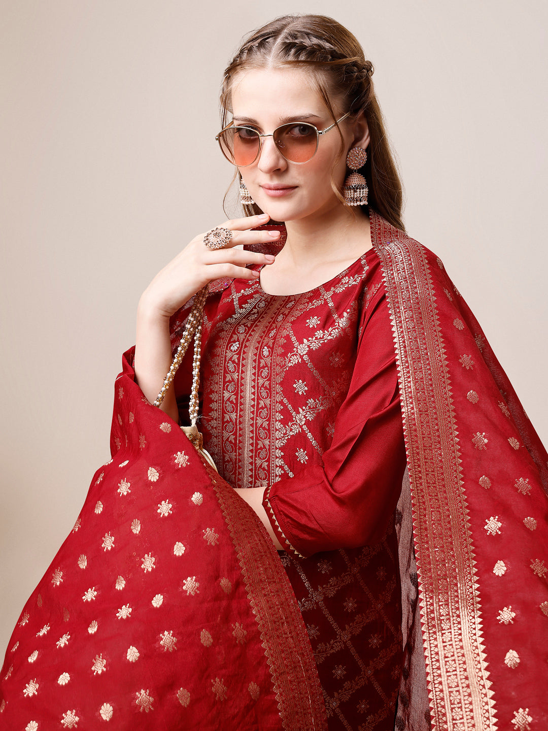 Pure Maslin Jacquard Kurta With Pant And Dupatta Set, Multicolor - Hiral Fashion - Distacart