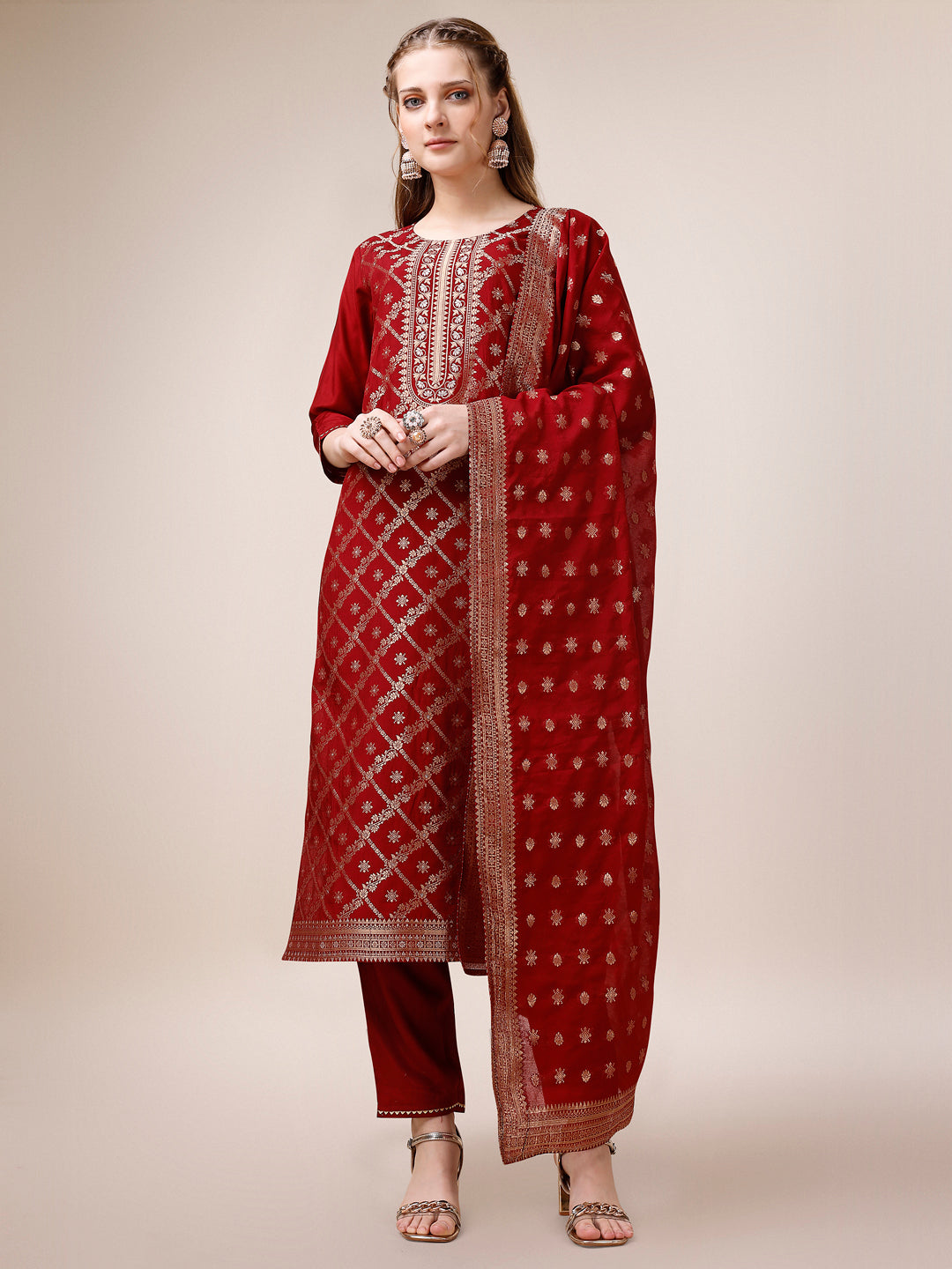 Pure Maslin Jacquard Kurta With Pant And Dupatta Set, Multicolor - Hiral Fashion - Distacart